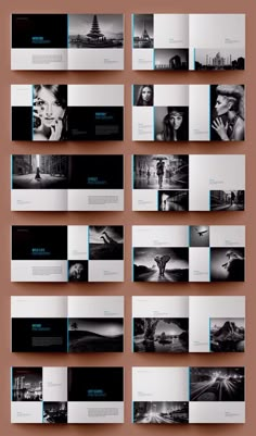 an assortment of black and white photographs on a wall