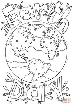 the earth day coloring page is shown in black and white, with words that spell out happy