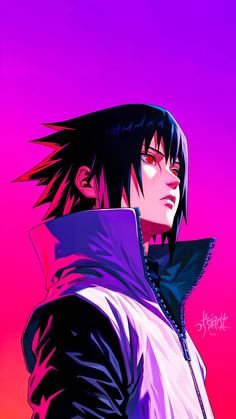 an anime character with black hair and red eyes, standing in front of a purple background