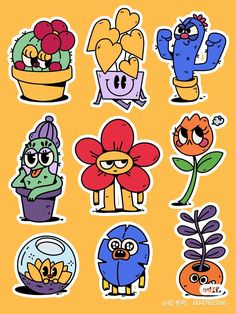 cartoon stickers with different types of flowers and plants in them on an orange background