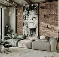 a living room filled with furniture and a painting hanging on the brick wall behind it