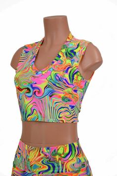 Neon Flux Crop Tank - 156137 Multicolor Fitted Cropped Tank Top, Fitted Multicolor Crop Top Tank, Stretch Sleeveless Rave Tops, Sleeveless Stretch Rave Tops, Fitted Rave Crop Top For Spring, Multicolor V-neck Crop Top For Summer, Sleeveless Rave Crop Top For Spring, Sleeveless Rave Top For Spring, Spring Sleeveless Rave Crop Top