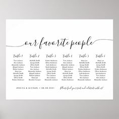 the seating chart for our favorite people is shown in black and white with calligraphy