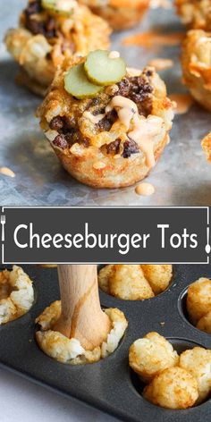 mini cheeseburger tots in a muffin tin with the title overlay