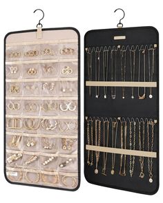 two black and white trays with various jewelry on them, one is filled with earrings