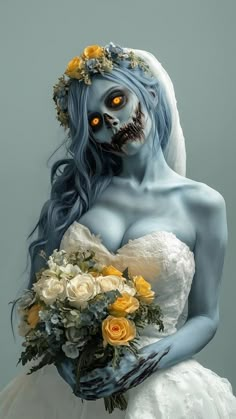 a woman with blue hair and makeup holding a bouquet