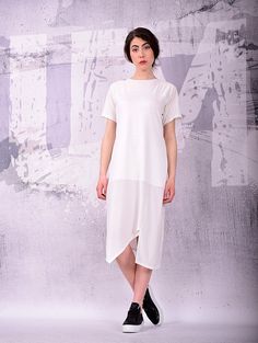 Midi dress, loose dress, tunic dress, summer dress, short sleeved dress, white dress, white midi dre Elegant Short Sleeve Mesh Dress For Summer, Sheer White Chiffon Dress For Summer, White Fitted Chiffon Midi Dress, Spring White Chiffon Knee-length Dress, White Chiffon Knee-length Dress For Spring, White Knee-length Chiffon Dress For Spring, Fitted White Chiffon Knee-length Dress, Fitted Knee-length White Chiffon Dress, Flowy Short Sleeve Midi Dress For Casual Wear