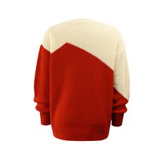 Red Contrast Round Collar Pullover Knit Sweater Red Crew Neck Sweater With Ribbed Cuffs, Red Knit Crew Neck Outerwear, Red Winter Sweater With Ribbed Cuffs, Red Knit Tops With Ribbed Cuffs, Red Oversized Crew Neck Sweater, Red Knit Color Block Sweater, Red Long Sleeve V-neck Sweater For Winter, Red Crew Neck Knitted Cardigan, Red Knitted Crew Neck Cardigan