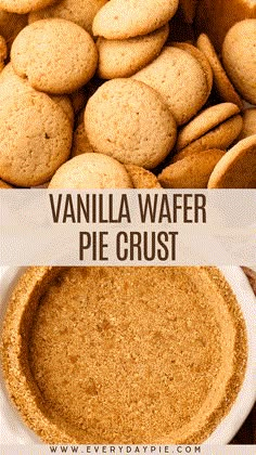 vanilla wafer pie crust in a white bowl with the words, vanilla wafer pie crust