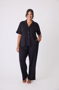 The ultimate pajama set is here. Get cozy with classic details including a button-front collared top with a slouchy fit and a modern pant with side pockets. Effortless, classy & comfy this set has it all. California Contemporary, Plus Size Pajamas, Collared Top, Sleepwear & Loungewear, Collar Top, Getting Cozy, Pj Sets, V Neck Tops, Black Fabric