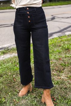 Elevate any look in our Bella Jeans! These high waisted black jeans feature a button closure, a slightly cropped and wide legged fit, and a soft blend of fabric for comfort and stretch. Create a timeless yet modern style for any occasion. Materials and care: 97% Cotton, 3% Spandex High Waist Jeans With Button Closure, Luxury Black Jeans For Work, High Waisted Black Jeans, She Is Clothed, Vintage Sewing Machines, Dress For Success, Business Casual Outfits, Fall 2024, Black Button