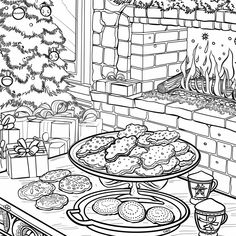 a table with cookies and presents in front of a fireplace