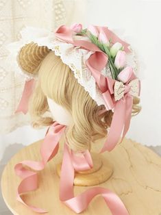 Tulip Design Bow Lace Trim Bonnet for Kids Cute Handmade Pink Bonnet, Handmade Cute Pink Bonnet, Pink Bonnet For Spring, Pink Spring Bonnet Cap, Cute Costume Hats And Headpieces, Cute Pink Bonnet For Spring, Spring Adjustable Bonnet, Cute Spring Hats, Bonnet Outfit