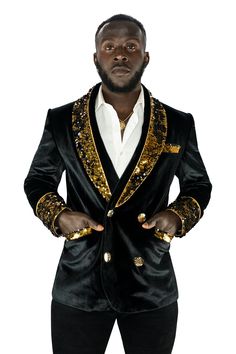 Mens Black Velvet Smoking Jacket with Gold Sequins by Love Khaos Festival Jacket brand. Prom Blazers, Groom Tuxedo, Pink Suit, Green Sequins, Velvet Trim, Carbon Neutral, Contrast Collar, Gold Sequins, Breasted Blazer