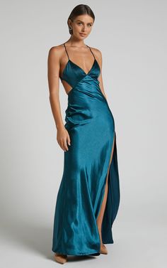 Anneke Maxi Dress - V Neck Open Back Bias Cut Dress in Petrol Green V Back Prom Dress, Formal Dresses Sequins, Long Formal Dresses Australia, Backs Of Prom Dresses, Maxi Formal Dresses, Prom Inspo Dress, V Neck Dress Formal, Teal Blue Prom Dress, Prom Dresses Teal