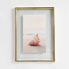 a seashell sits on the beach in a gold framed photo with a white wall behind it