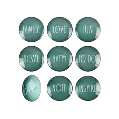 six glass magnets with the words family love, home, happy, to do, not inspire