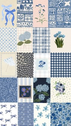 a patchwork quilt with blue and white flowers