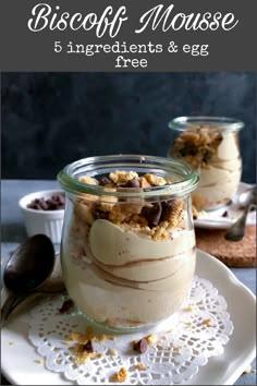 three desserts in glass jars with spoons on the side and text overlay that reads, biscoff mouse 5 ingredients & egg free