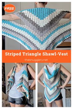 a crocheted triangle shawl is shown with text that reads, striped triangle shawl vest