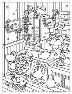 a coloring page for kids that is filled with toys and things to color in the kitchen