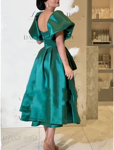 A-Line Cocktail Dresses Vintage Dress Formal Wedding Guest Tea Length Short Sleeve Square Neck Satin with Pleats Butterfly