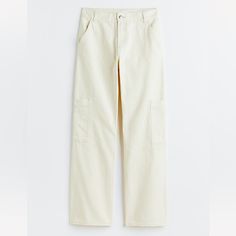 Brand New, Never Worn. Cream Color H&M Wide-Leg Cargo Pants In Cotton Twill With A Regular Waist And Zip Fly With Button. Diagonal Side Pockets, Open Back Pockets, And Patch Leg Pockets. Wide Legs With A Hammer Loop On One Leg. Full Length, Regular Fit Measurements: Inseam/ Inside Leg Length- 30¾ In. Waist- 24½-26 Low Hip- 33¾-35½ White Workwear Pants With Hip Pockets, White Pants With Hip Pockets For Work, White Straight Leg Cargo Jeans With Hip Pockets, White Straight Pants With Hip Pockets, Cream Cotton Cargo Pants For Work, White Cotton Pants With Cargo Pockets, White Cotton Straight Cargo Jeans, White Straight Cotton Cargo Jeans, White Cotton Work Pants With Cargo Pockets