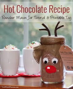 homemade hot chocolate recipe with reindeer mason jar and printable tag