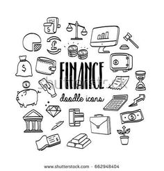 finance doodle icons in the form of a circle with handwritten words and symbols