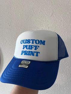 Custom Puff Foam Trucker Hat, Personalized Foam Hat, Unisex Foam Trucker Hat, Custom Caps Gift, Custom Hats, Trucker hats, Personalized Embossed Foam Hat. Custom TEXT customer 1. Choose your Hat Color 2. Choose your Text Color 3. Enter your custom text in the "Personalization" section with your font style *PLEASE TYPE IT EXACTLY HOW YOU WANT ON YOUR HAT WITH UPPERCASES, LOWERCASES, AND SPACING* Custom LOGO customer *Please show us your logo prior purchasing* 1. Choose your Hat Color 2. Add logo/photo/image file on message box Enhance your style with our 5-Panel Cap Mid Profile Mesh Back Trucker Hat, perfect for everyday wear and outdoor activities. Features: Material: 100% polyester for durability. Design: Structured with a firm front panel and seamless foam front panel with lining. Visor: Blue Sports Bucket Hat, Blue Bucket Hat For Sports, Customizable Blue Snapback Baseball Cap, Customizable Blue Baseball Cap With Curved Brim, Blue Fun Sports Hats, Fun Blue Customizable Hat, Customizable Blue Hats One Size Fits Most, Customizable Blue Hats One Size, Hats Trucker