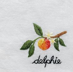 an embroidered dish towel with the word delphia written on it and two apples hanging from a branch