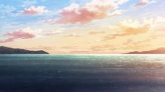 an anime scene with the ocean and mountains in the background