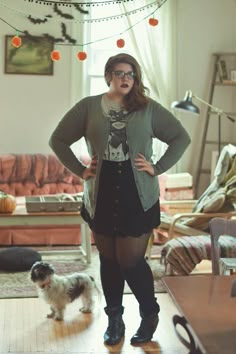 Quirky, retro, witchy style. Plus-size, curvy outfit. Cardigan, graphic tee, suede skirt, over the knee socks, boots. The Classy Junk Plus Size Hobbitcore, Plus Size Witchy Outfits Casual, Witchy Fashion Plus Size, Plus Size Skater Skirt Outfit, Junk Decorating, Plus Size Punk Fashion, Plus Size Witchy Outfits, Plus Size Emo, Skirt Tights