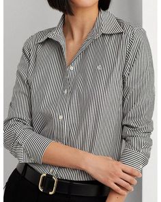 Elevate your everyday style with our Striped Button Front Top. This versatile shirt features a classic point collar and long sleeves with button cuffs, perfect for transitioning from work to weekend. The front button closures add a touch of sophistication, while the shirttail hem allows for easy tucking or wearing untucked for a more relaxed look. The subtle 'LRL' embroidery adds a touch of charm and showcases the quality craftsmanship of this imported piece. Crafted from high-quality fabric, this top offers a comfortable and flattering fit that will keep you looking and feeling great all day long. The timeless striped design adds a chic and polished touch to any outfit, whether you pair it with tailored trousers for the office or with your favorite jeans for a casual weekend look. This St Classic Long Sleeve Tops With Button Closure, Fitted Casual Cotton Blouse, Classic Long Sleeve Tops With Buttons, Cotton Button-up Shirt With Covered Buttons, Cotton Blouse With Button Cuffs And Collar, Cotton Blouse With Collar And Button Cuffs, Long Sleeve Cotton Shirt With Covered Buttons, Classic Collared Cotton Blouse, Fitted Long Sleeve Shirt With Striped Collar