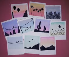 six different pictures are arranged in the shape of small cards with watercolors on them