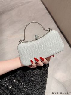 BagForLove - Silver Glitter Mini Rhinestone Box Bag with Top Handle for Party Events