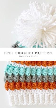 two crocheted hats with the text free crochet pattern daily farm crafts