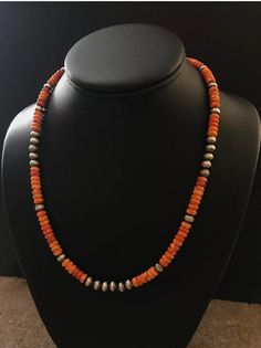 Sterling Silver Orange Spiny Oyster Bead Necklace. 18 inch Southwestern Single Strand Beads For Gifts, Southwestern Hand-strung Round Necklace, Southwestern Style Round Beaded Necklaces With Large Beads, Southwestern Orange Round Bead Necklaces, Southwestern Orange Round Beads Necklace, Southwestern Orange Beaded Necklace, Southwestern Single Strand Necklace With Round Beads, Southwestern Single Strand Beaded Necklace With Round Beads, Southwestern Orange Beaded Necklaces With Round Beads