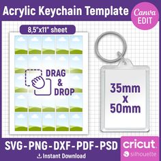 the acrylic keychain template is shown with an additional size for each item