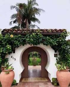 an entrance to a garden with potted plants