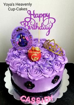 a birthday cake with purple frosting and an image of the princess on top that reads, yoya's heavenly cup - cakes happy birthday