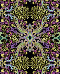 an ornate design in purple, yellow and green