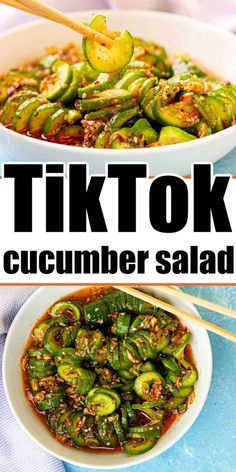 two pictures with the words tiktok and cucumber salad