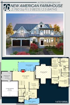 House Plan 147019RML gives you 2700 square feet of living space with 3 bedrooms and 2.5 baths 2 Car Garage Plans, Exclusive House Plan, American Farmhouse, Country Craftsman