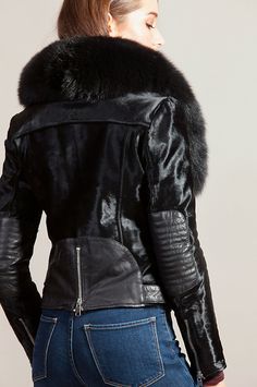 Our sizzling cropped jacket captures the classic moto design in the furry texture of calfskin leather. Free shipping   returns. Fur Jacket Outfit Dressy, Fur Jacket Street Style, Fur Jacket Outfit, Amazing Craft Ideas, Fur Vests, Outfit Street, Outfits Dressy, Winter Attire, Jacket Outfit