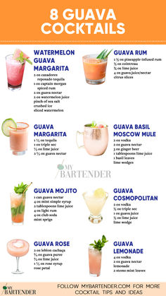 Guava Cocktails Guava Drinks Non Alcoholic, Guava Rum Drinks, Guava Mojito Recipe, Guava Margarita Recipe, Non Alcoholic Cocktails Recipes, Guava Cocktails, Guava Alcohol Drinks, Guava Coconut Margarita, Guava Mojito