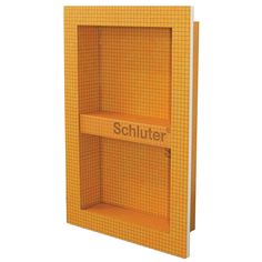 an orange shelf with the word schluter on it's front and side