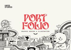 graphic design and illustration book cover for port folio by umko studio, featuring an image of a bear sitting at a desk