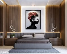 a bedroom with a bed, nightstands and paintings on the wall above it that have flowers in their hair