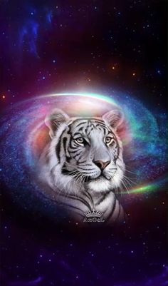 a white tiger in the middle of a space filled with stars